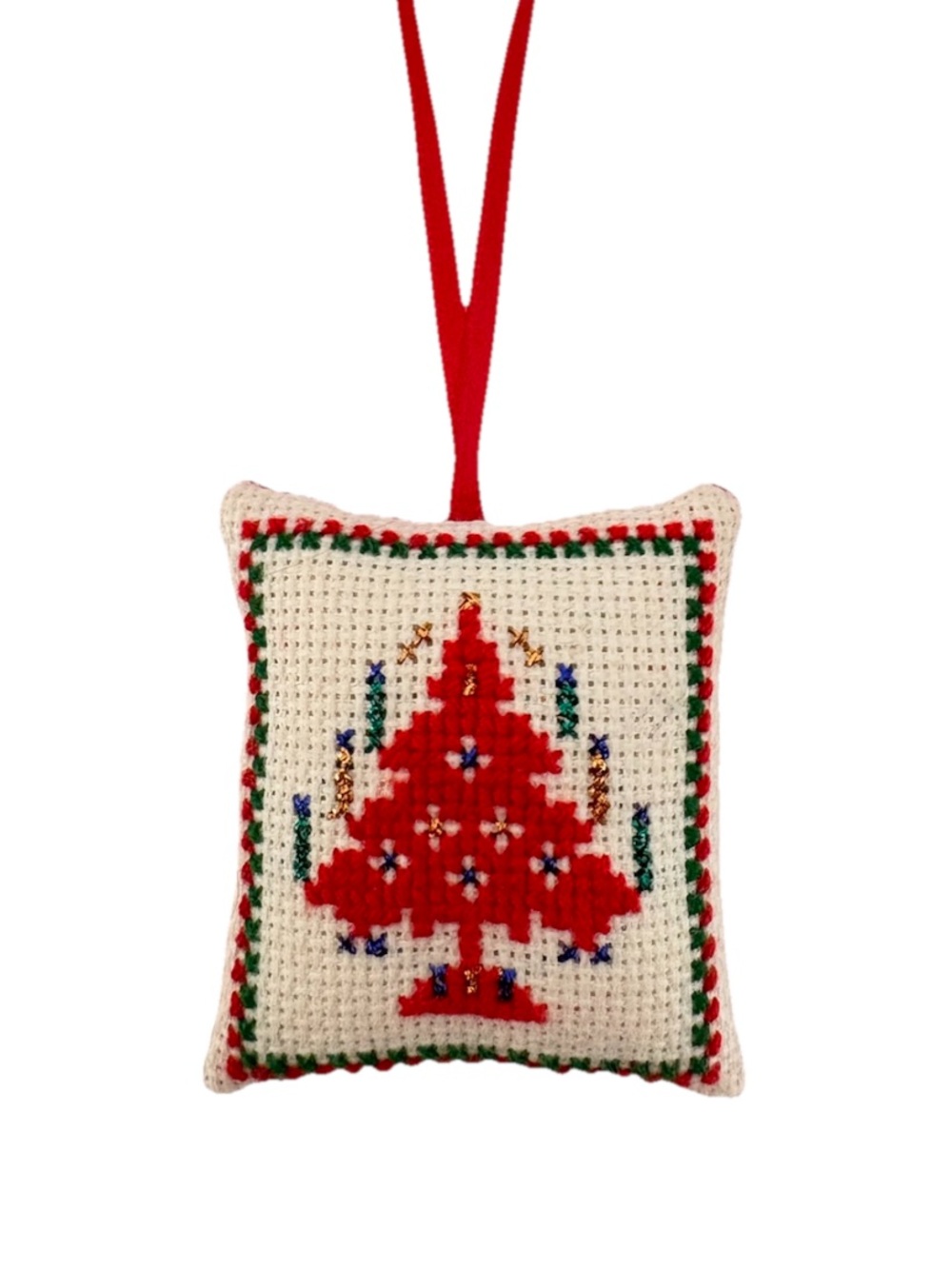 Handcrafted Festive Red Cross-Stitch Christmas Tree Pillow Ornament
